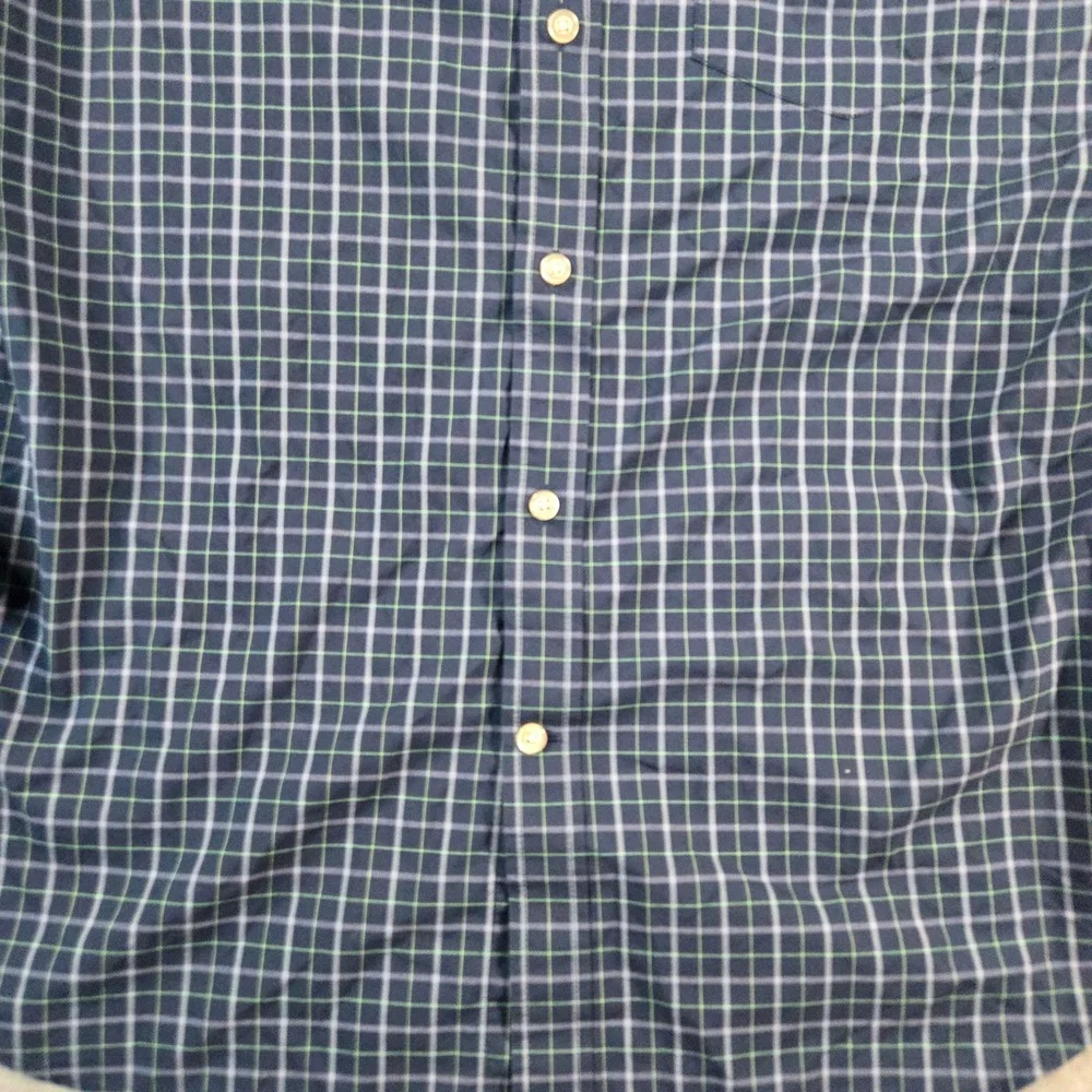 Banana Republic Mens L Slim Flex Fit Tech Stretch Cotton Navy Plaid Shirt 427632
